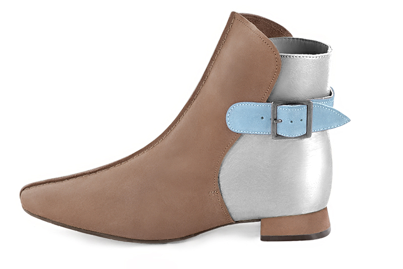 French elegance and refinement for these biscuit beige, light silver and sky blue dress booties, with buckles at the back, 
                available in many subtle leather and colour combinations. Customise or not, with your materials and colours.
This charming ankle boot fits snugly around the ankle.
It closes on the outside with a buckle.  
                Matching clutches for parties, ceremonies and weddings.   
                You can customize these buckle ankle boots to perfectly match your tastes or needs, and have a unique model.  
                Choice of leathers, colours, knots and heels. 
                Wide range of materials and shades carefully chosen.  
                Rich collection of flat, low, mid and high heels.  
                Small and large shoe sizes - Florence KOOIJMAN